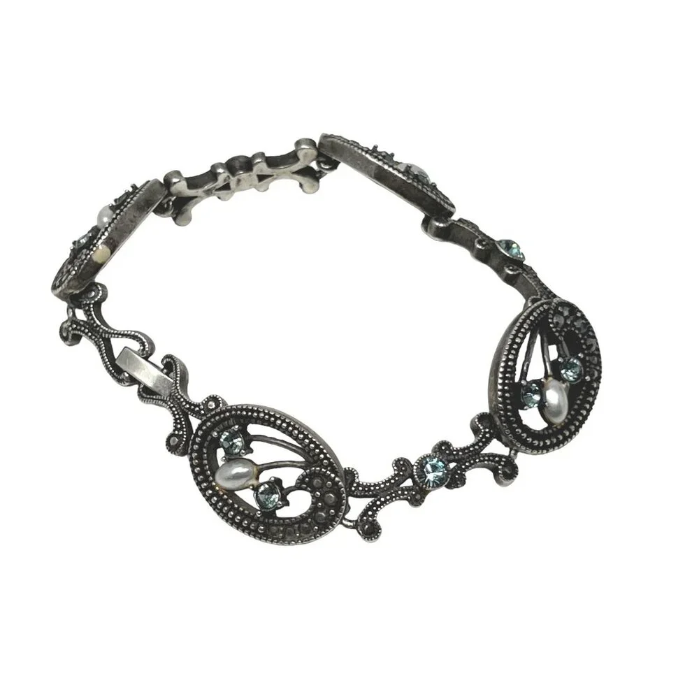 Crystal and‎ Faux Pearl Bracelet Blue Stones Silver Tone Dark Finish